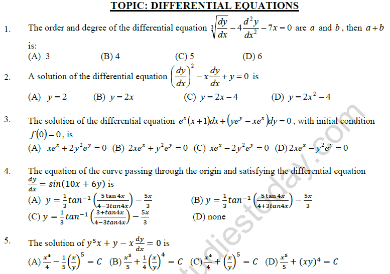 JEE Mathematics Differential Equations MCQs Set C, Multiple Choice